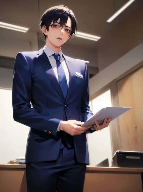 Japanese manga style,shiny skin,Masterpiece, top quality,(26 year old male: 1.5) and (short black hair) and (blue eyes), (wearing a suit: 1.5) and (blue tie),(sad),(open mouth),inside the office room,desk,computer,(holding documents in hand:1.5),(alone:1.5...