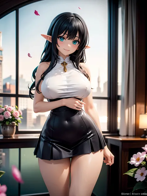 one elf, short dress, Beautiful tight dress, short pleated skirt dress, city view, Lush breasts, Wide hips, Narrow waist, Big ass, Black hair, long hair, turquoise eyes, smile, Wet, flower petals all around, natural lighting. warm lighting