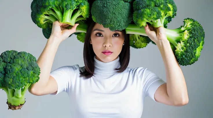 a big fresh broccoli,((best quality, 8k, masterpiece:1.3, waist up)),sharp focus:1.2, 1girl ,((detailed face)) , Beautiful lady with Perfect Figure, Vivid, white color turtleneck and skirt,long black hair,studio background,
