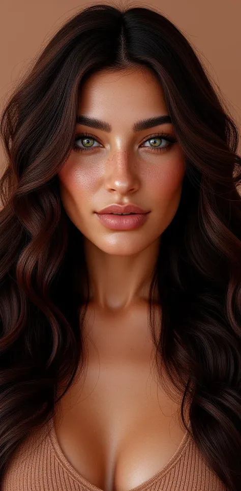 Female model:
by:
- Color: Dark hair with copper highlights (#452B1F)
- Texture: wavy, with a touch of curly
- Length : to the waist
- Style : natural, with a touch of elegance
Eyes :
- Color: intense emerald green (#008000)
- Shape: Almond-shaped...