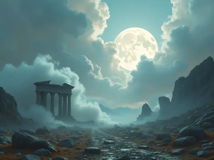 Realistic photo of mystical landscape in the landscape style of God of War,  Gravel soil and stones , smoke and dust , Greek ruins and moon in the background