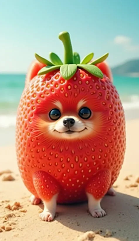 "Fusion of a cute Pomeranian and a strawberry :  The whole body of the Pomeranian is made of a bright red strawberry.  The green leaves of the strawberry adorn the back of the Pomeranian ,  creating a whimsical but natural appearance .  The hybrid is found...