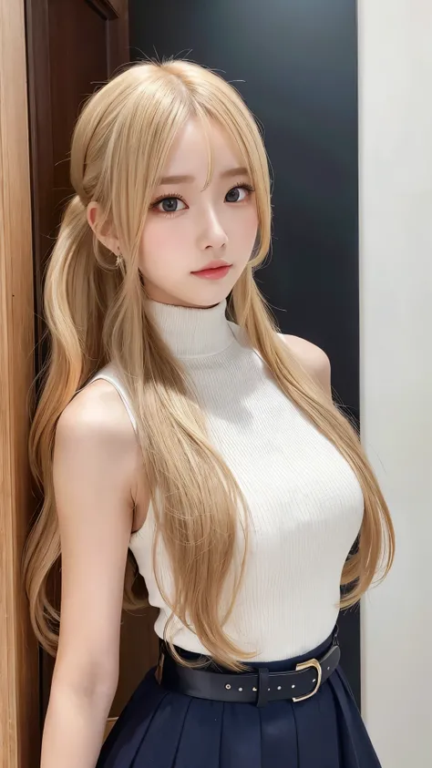 (blondy hair、 ponytail、forehead、 high neck sleeveless 、belt、tall、 high waist with her、Harajuku Style)、round face:2.0、forehead、、Curly Hair:2.0、cowboy shot:2.0、Super Long Hair:2.0、Waist-length hair、Northern Europe:1.0、beautiful girl、White background, True Fa...