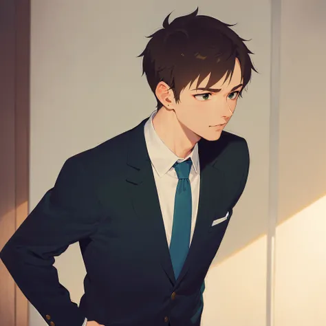 side angle, (looking away:1.5), masterpiece, best quality, Japanese manga style, upper body, (25 year old male: 1.5) and (short brown hair) and (green eyes), (Wearing a suit: 1.3) and (blue tie), worried, inside office room, alone, standing.