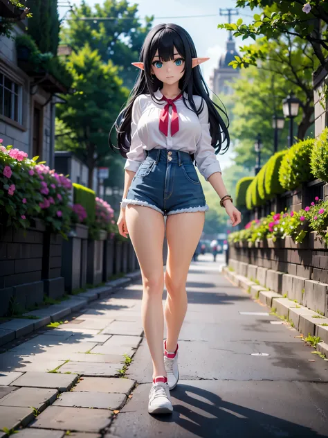 detailed image, beautiful image, 1 elf, black hair, long hair, turquoise eyes, has large breasts, short waist, wide hips, big butt, wearing a baggy designer blouse, denim mini shorts, casual sneakers, walking on cobblestone ground, around many flowers, amb...