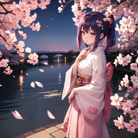 Fantastic twilight at night、Cherry blossom petals fluttering gracefully、The scenery was beautiful.。At its heart is、Beautiful girl in pink and white kimono stood。Her colorful hair is pink with black、Beauty symbolized the beauty of the spirit。In her eyes「Don...