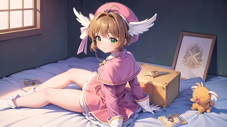 (( best quality)), ((masterpiece)), ( please understand well ),  perfect face,  big eyes,  droopy eyes ,  eyelashes, Eyes Shine  , ( Cardcaptor Sakura ), (kinomoto sakura),  green eyes,  short brown hair,  capelet ,   pink dress in hand ,  Striped Ribbons ...