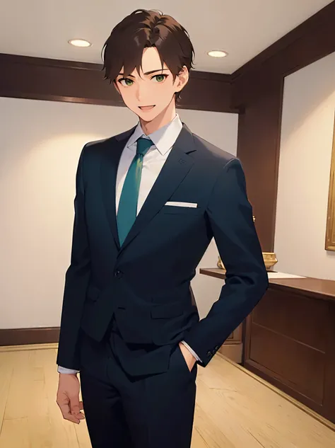 masterpiece, best quality, Japanese manga style, upper body, (25 year old male: 1.5) and (short brown hair) and (green eyes), (Wearing a suit: 1.3) and (blue tie), smile, open mouth, inside luxury jewelry store, alone, standing,
