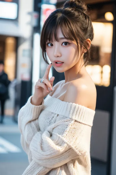 23 years old. Japanese girl. off-shoulder knit. Finger in front of mouth.
