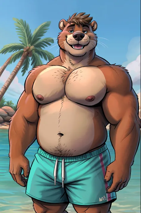 highest res, otter, anthro, 4 fingers, male in early 20's, average body, average bodied anthro, average bodied male, tail, standing outside at best most realistic detailed accurate tropical beach, solo, best most realistic detailed accurate blurred backgro...