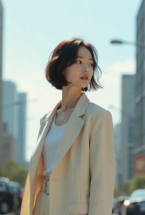 arafed woman standing in a middle of city, portrait half body, looking at wind direction, short hair, korean women's fashion model, sun yunjoo, jinyoung shin, sha xi, cai xukun, jia, park ji-min, off - white style, jaeyeon nam, lee ji - eun, lee ji-eun, lu...