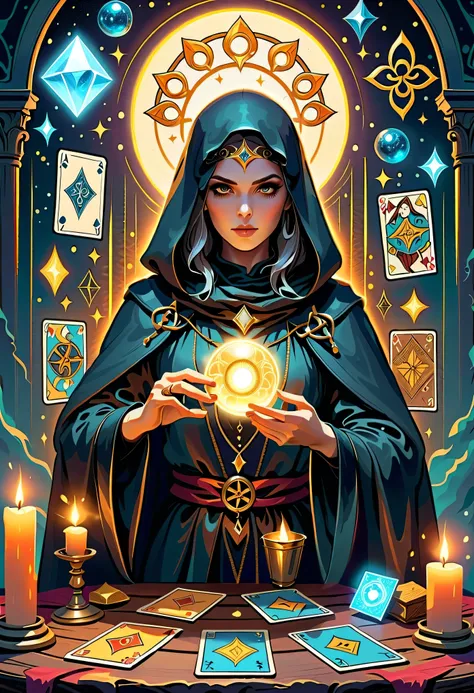 Fortune Teller,Metal photo frame,card,tarot cards:1.37.Mysterious fortune teller in cloak,eldenger taps an array of tarot cards in the air,Mystical symbols and elements,Ancient mysterious atmosphere,Realistic illustration details,A composition full of vita...