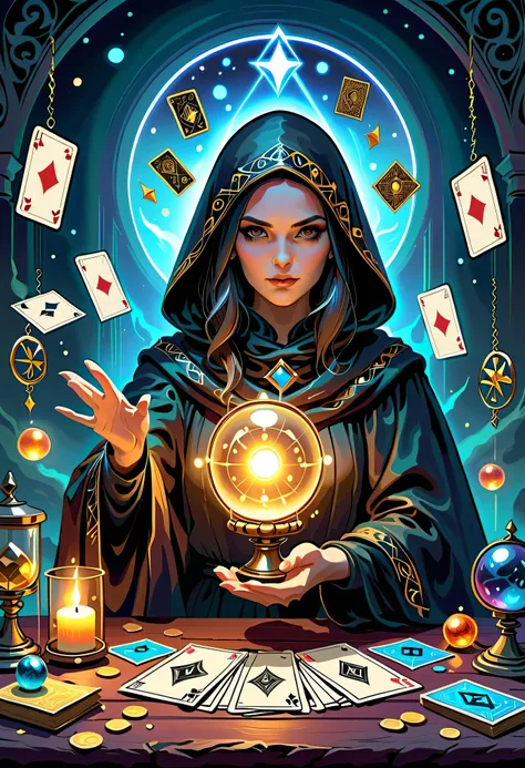 Fortune Teller,Metal photo frame,card,tarot cards:1.37.Mysterious fortune teller in cloak,eldenger taps an array of tarot cards in the air,Mystical symbols and elements,Ancient mysterious atmosphere,Realistic illustration details,A composition full of vita...