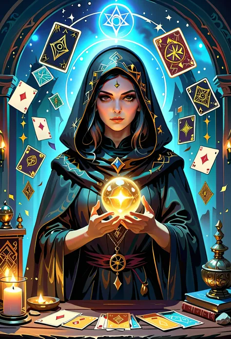 Fortune Teller,Metal photo frame,card,tarot cards:1.37.Mysterious fortune teller in cloak,eldenger taps an array of tarot cards in the air,Mystical symbols and elements,Ancient mysterious atmosphere,Realistic illustration details,A composition full of vita...