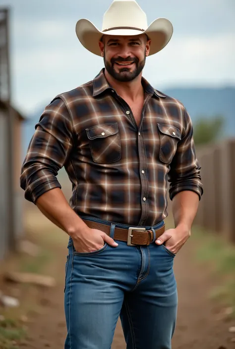  realistic photography, 35-year-old muscular (((athletic man))) , , view from below,  in profile, ,  chocolate Oxford checkered shirt and very tight medium blue jeans, brown belt,  in profile, Big butt, viendo a cámara,  black eyes , smiling, at the ranch,...