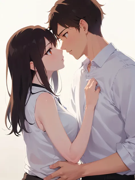 A couple is staring at each other、Men have short brown hair and green eyes and wear white polo shirts 、 The woman wears a white sleeveless blouse with brown wavy hair and orange eyes