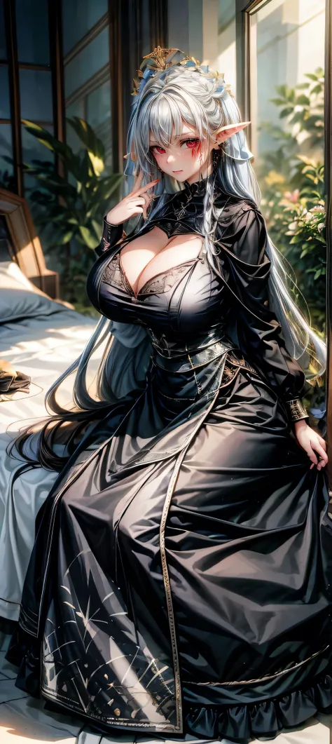 Best quality, masterpiece, ultra high res, raw photo, beautiful and aesthetic,deep shadow, fantasy theme,(ultra detailed:1.3),
1girl, dynamic pose, hair ornament, (beautiful face, detailed eye:1.2), crying, (busty breasts, gigantic breasts:1.1), (pointy ea...