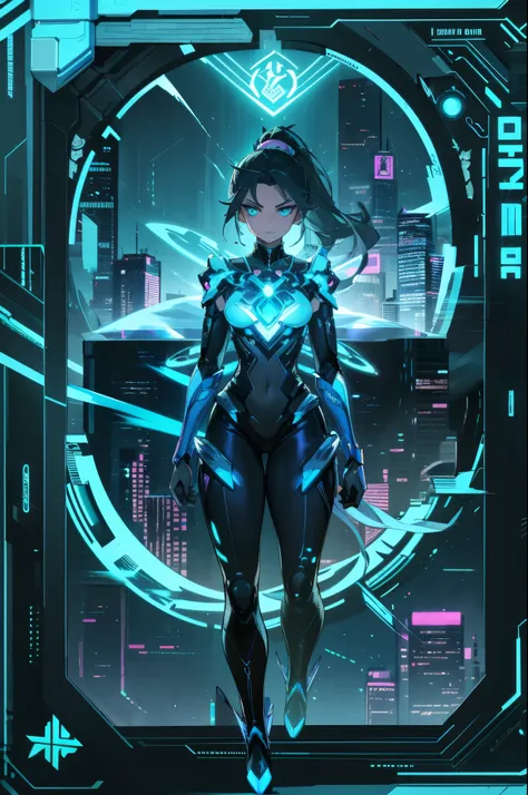 Cinderella stands as a bold and futuristic anime heroine in a shimmering cyberpunk warrior fusion suit. The suit is a stunning blend of metallic silver and sky blue, with glowing glass-like armor pieces on her shoulders, arms, and boots, evoking the feel o...