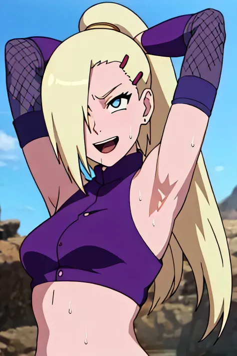 (serving viewer), Ino yamanaka, looking at the viewer, attractive, from below, ultra detailed face, sunny day, day time, upper body view, anime style, solo, detailed home, blonde, (purple clothes), ((one eye covered with hair, hair over eye)), medium breas...