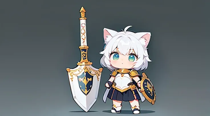 Kitten in armor ,  cute,   standing with legs apart , Fluffy, Background white, anime,  holding a sword and shield 