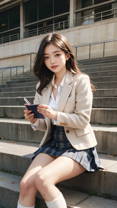 a lovely Korean influencer seated on the steps of a school auditorium. She’s wearing a cute and modern uniform featuring a short plaid skirt, a snug white blouse, and thigh-high socks. Her blazer is draped casually over her shoulders, and she’s holding a p...