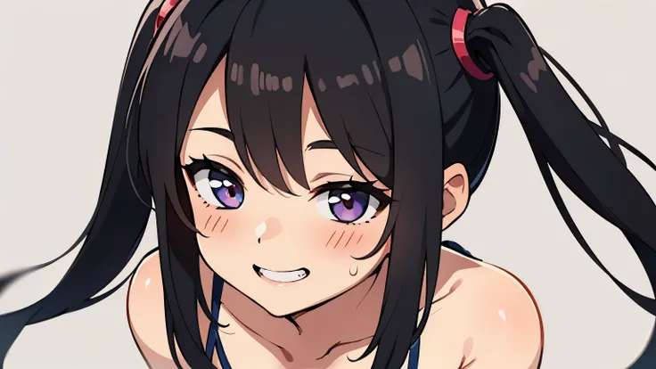 A cute solo girl with black hair pigtails. wearing a camisole and very sweaty. Plain background. Highest quality. Focus small cleavage. Bust-up illustration. Expression: very blush and grin smile.