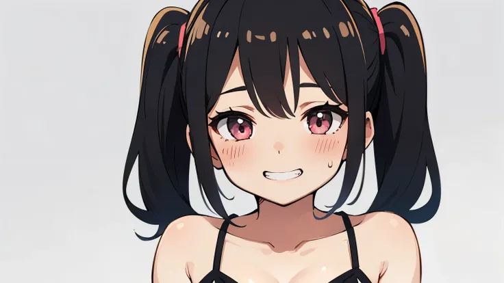 A cute solo girl with black hair pigtails. wearing a camisole and very sweaty. Plain background. Highest quality. Focus small cleavage. Bust-up illustration. Expression: very blush and grin smile.