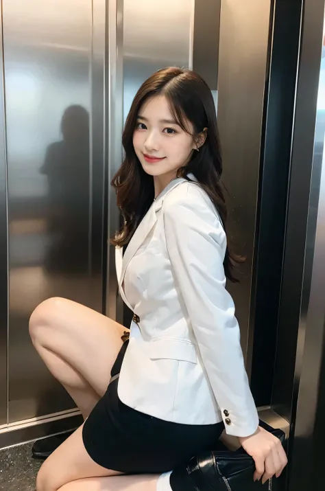  best quality,  required items,  photorealistic,  high resolution, 8k　 RAW photos,Alone,  1 girl in the best, 30 years old、Look back at the elevator、smile、 press the 、 business suits、 spread your legs wide 、 high heels