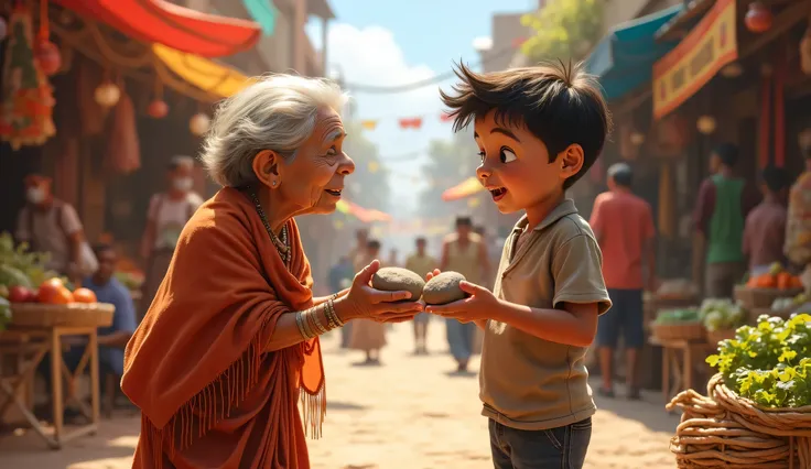 A bustling outdoor market with colorful stalls and people shopping. A young boy holding a stone, looking surprised as an old woman in a shawl offers him two dollars. The boy’s expression is a mix of confusion and amazement. Bright, lively market atmosphere...