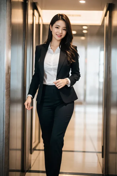  best quality,  required items,  photorealistic,  high resolution, 8k　 RAW photos,Alone,  1 girl in the best, 30 years old、Look back at the elevator、smile、 business suits、 high heels、Glamorous body、 big breasts