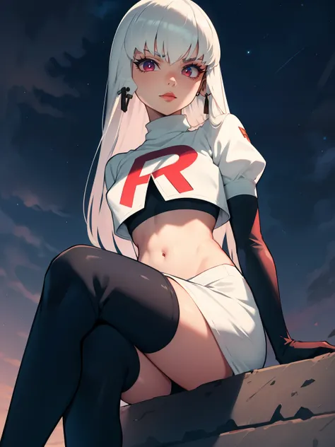 lysitheauniform ,earrings ,lipstick, eye shadow ,team rocket uniform, red letter R, white skirt,white crop top,black thigh-high boots, black elbow gloves, evil villianess look, looking down on viewer, sitting ,crossed legged, night sky background