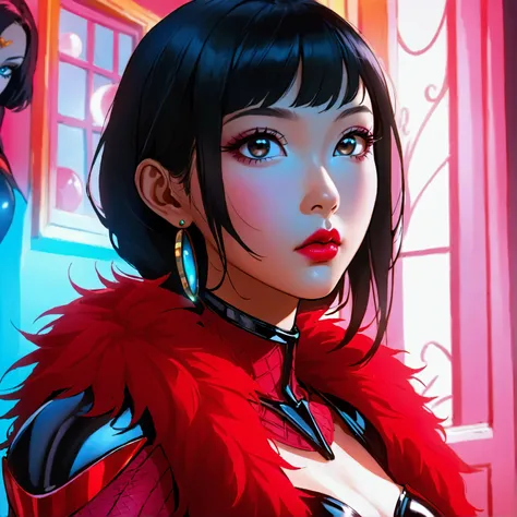 a woman in a red fur coat, trending on artsy, trending on artstaion, still from alita, trending on artstration, 8 0 s asian neon movie still, asian female, trending on pinteresst, trending on v , cassandra cain in satin, +81 magazine, trending on artsatio ...