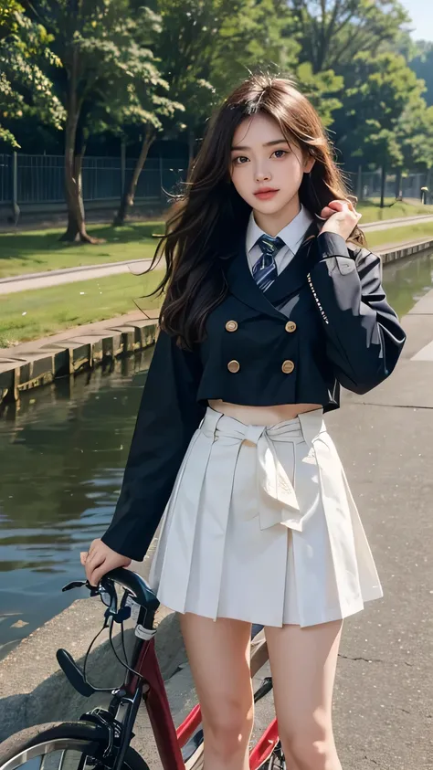 a cheerful Korean influencer standing by her bicycle on a quiet riverside path after school. She’s wearing her uniform: a white blouse, plaid skirt, and knee-high socks, with her blazer tied loosely around her waist. Her hair is slightly windswept, and she...