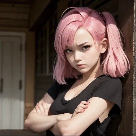 Girl with pink hair and crossed arms,angry