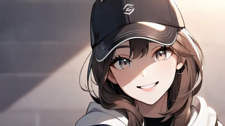 Brown Hair Girl,  smiles,  silver eyes,   baseball cap 、One person