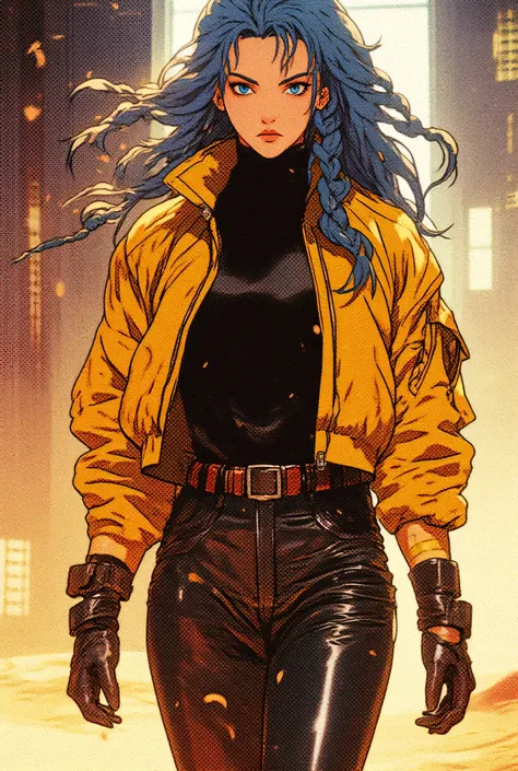  Beautiful young woman ,  cascade braided hair with a unique style ,  blue hair,  highlighted eyelashes ,  light makeup ,  skin-colored lipstick ,  blue eyes, powerful face ,  eyeliner , Yellow jacket, Black turtleneck,  latex leather pants ,  walking in a...