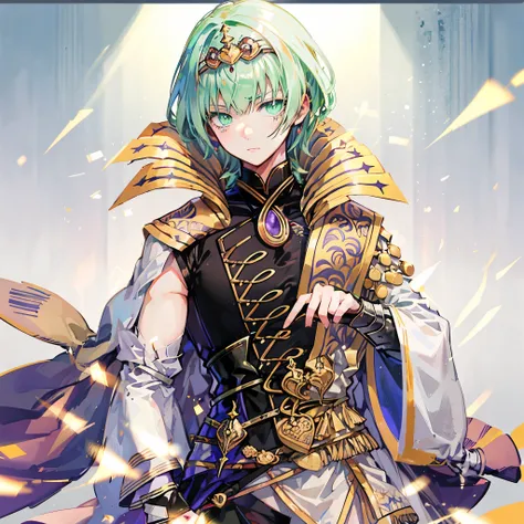 EObyleth、 green hair、 green eyes、armor、 tiara 、Cape