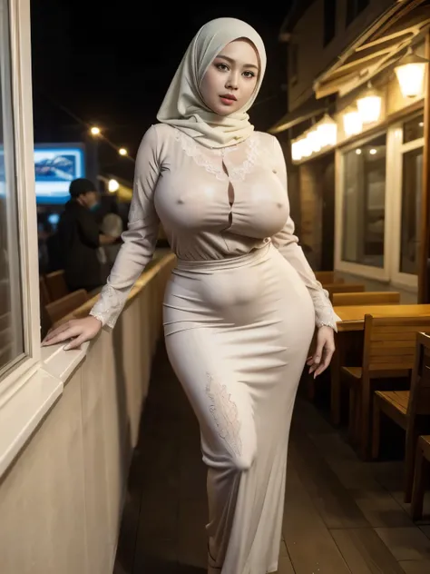 Hyper realistic, Beautiful, Mature Face, 57 Years old Indonesian women, (wearing hijab), light brown kebaya dress, brown lace silk buttoned up kebaya with long sleeves, White Skin, dynamic standing pose, terrace, Perfect Potrait, Bokeh Effect, Look at View...