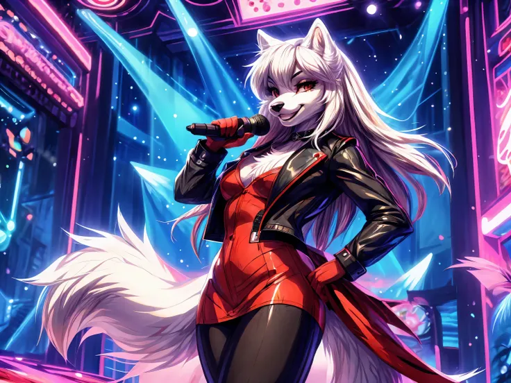 (white fur:2), wolf, female, white hair, toothy smile, masterpiece, (16K), HD, Various facial details, detailed background, very detailed, dynamic poses, Eyes details, high resolution, high quality, correct anatomy, cartoon, solo, 1girl, Holding a micropho...