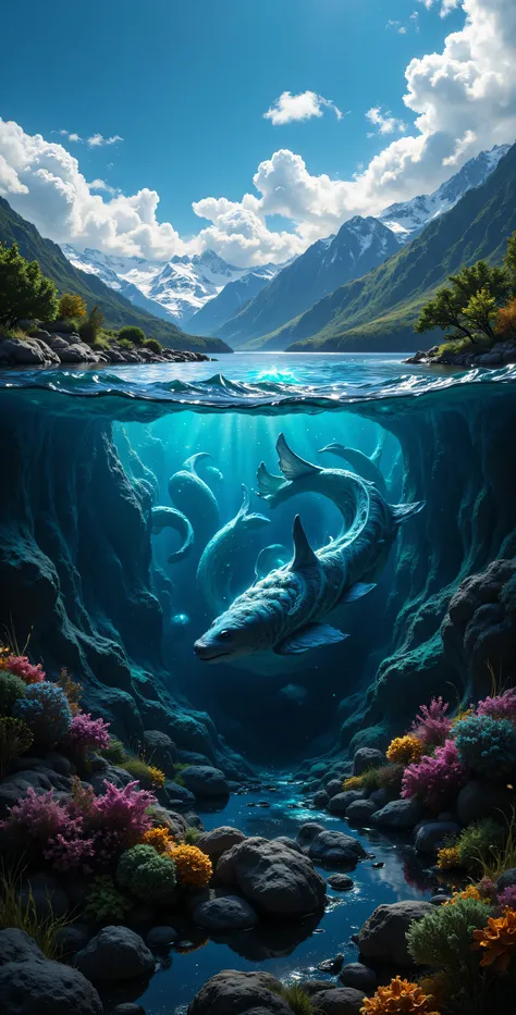 非常にリアリスティックで is present 。 is present 、24K、 super real 、 a lake rich in nature with mountains 。 photograph the boundary between the surface of the water 。 rich nature is shown on the surface of the water , No wind, The lake surface is quiet 、 anima...