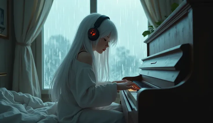 video of white haired girl playing piano using a headset in her room with rain outside the window