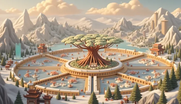 “Design a circular fantasy city map with five districts:
	1.	A nature wonder area with aurora, volcano, waterfalls, and snowy sculptures around a golden lake.
	2.	A cultural heritage area featuring a mix of traditional Chinese and Japanese architecture, ba...