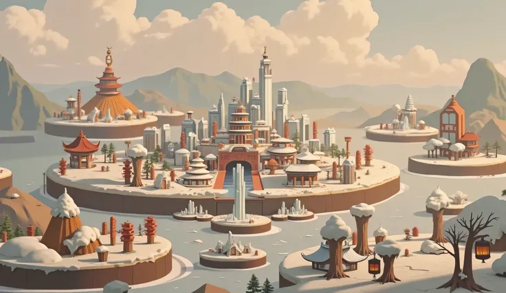 “Design a circular fantasy city map with five districts:
	1.	A nature wonder area with aurora, volcano, waterfalls, and snowy sculptures around a golden lake.
	2.	A cultural heritage area featuring a mix of traditional Chinese and Japanese architecture, ba...