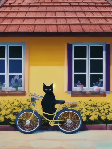 painting of a house with a bicycle and a cat in front of it, cottagecore!!, beatiful house, cottagecore, yellow colors, colorful house, flowery cottage, yellow colours, with yellow flowers around it, blue and yellow color theme, yellow and blue color schem...