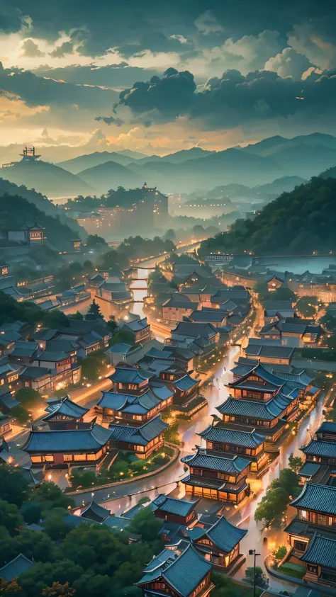  bird's-eye view of a village with lots of lights in the building, Dreamy city in China, Chinese Village,  Amazing Wallpaper , , Japanese Village, Surreal photo of the town,  Rainy Evening,  cyberpunk Chinese ancient castle ,  Beautiful Lighted Buildings ,...