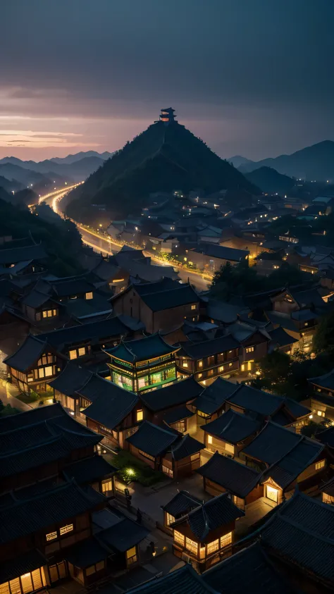  in high definition， bird's-eye view of a village with lots of lights in the building, Dreamy city in China, Chinese Village,  Amazing Wallpaper , , Japanese Village, Surreal photo of the town, Rainy Evening,  cyberpunk Chinese ancient castle ,  Beautiful ...