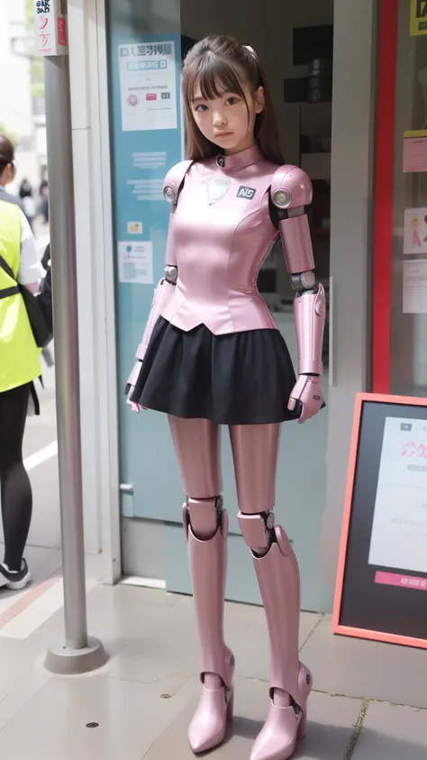 Robot Girl, pink there, Silver, Metallic body, Robot Parts, Metal Parts, Super Detailed Face, Super well-formed face, of the highest quality, a small face, a small head, Brown hair, Slender body, Camera gaze, Internal Mechanical Exposure, Idol, front facin...