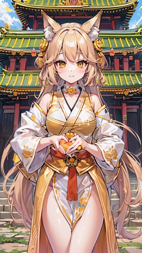 masterpiece,  best quality,  1 girl in the best,  yellow eyes,   medium hair , stage, peach, Temple,  fox girl,   detach sleeve,   animal ears ,  happy, Templeの境内,