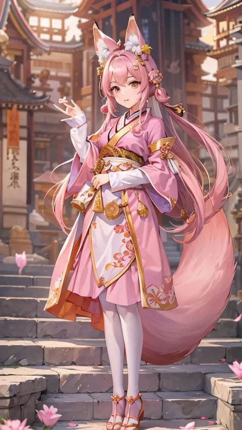 masterpiece,  best quality,  1 girl in the best,  pink clothes,  medium hair , stage, peach, Temple,  fox girl,  detach sleeve,  animal ears ,  happy, Templeの境内,