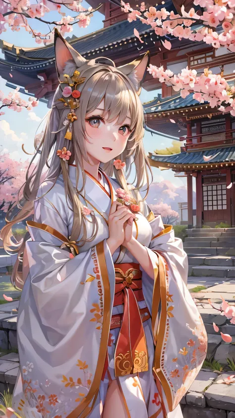 masterpiece,  best quality,  1 girl in the best, White clothes,  medium hair , stage, Peach Blossom, Temple,  fox girl,  detach sleeve,  animal ears ,  happy, Templeの境内,